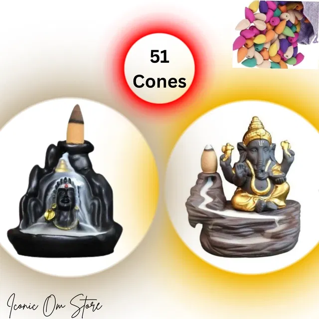Resin Ganesh with Shiva Showpiece with 50 Pcs Backflow Smoke Cones (Brown & Black, Set of 2)