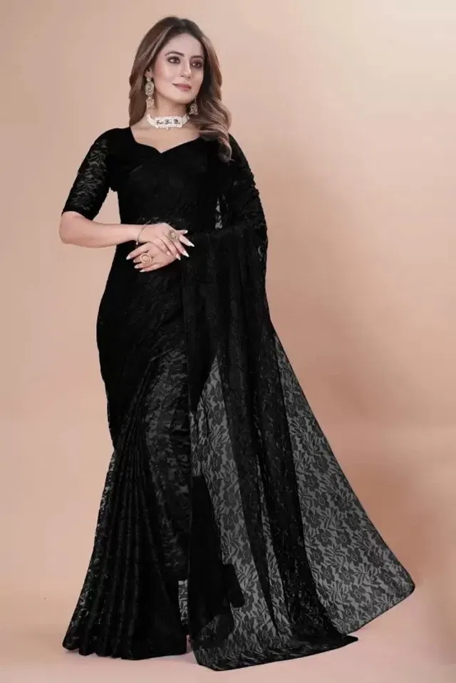 Net Floral Saree for Women (Black, 6.3 m)