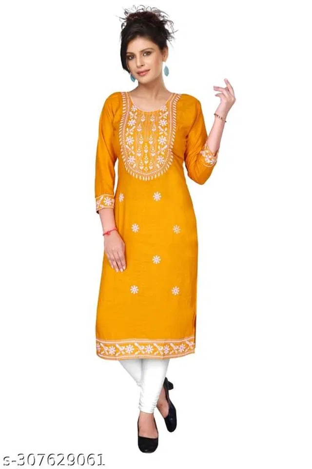 Rayon Slub Embroidered Kurti for Women (Yellow, 4XL)