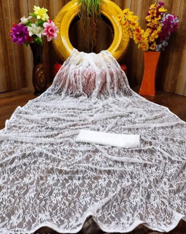 Net Solid Saree for Women (White, 6.3 m)