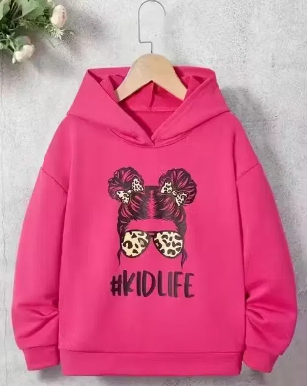 Light Fleece Printed Hoodie for Kids (Pink, 8-9 Years)