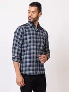 Cotton Blend Checkered Shirt for Men, Navy Blue 