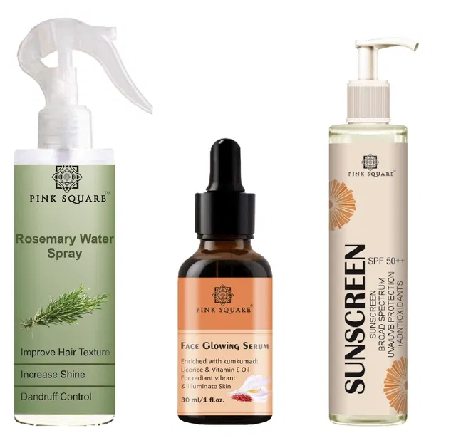 Pink Square Rosemary Hair Spray (100 ml) with Face Glowing Serum (30 ml) & Spf Sunscreen Lotion (100 ml) (Set of 3)