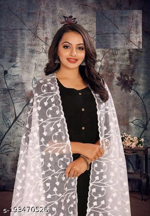 Floral Aari Work Embroidered Net Dupatta for Women (White, Free Size)