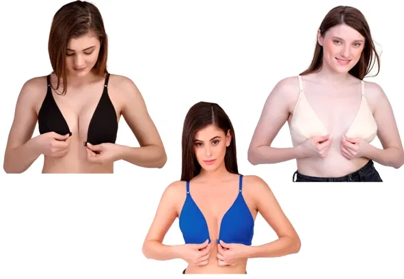 Cotton Blend Solid Non-Padded Front Open Bras for Women (Multicolor, 34) (Pack of 3)