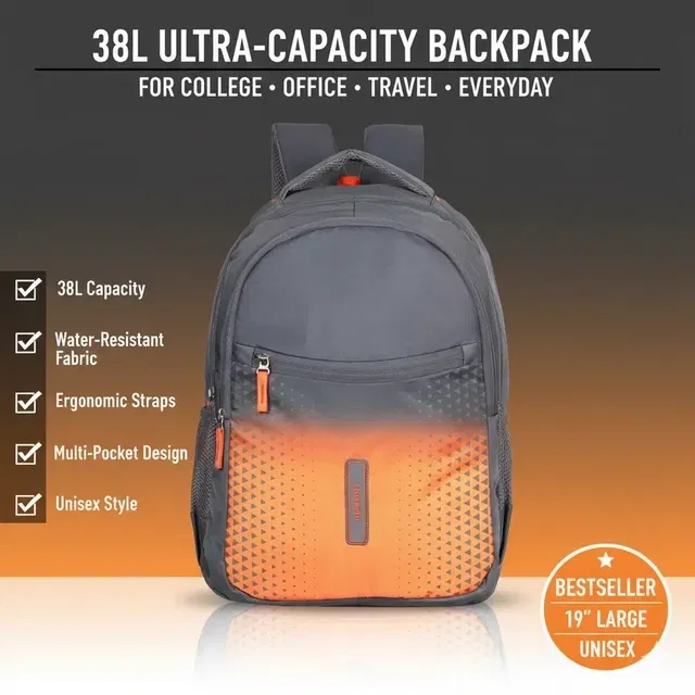 Priority 38 L Printed College Backpack For Boys & Girls | Casual Bag For Unisex | Office Backpack For Men & Women (19 Inch | Large | Dark Grey/Orange) - INV23116