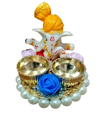 Metal Decorative Ganpati Haldi Kumkum Stand with 2 Roli Chawal Holder, Multicolor