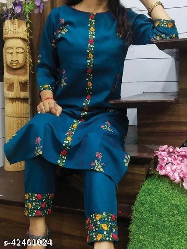 Cotton Embroidered Kurta with Pant for Women (Blue, L)