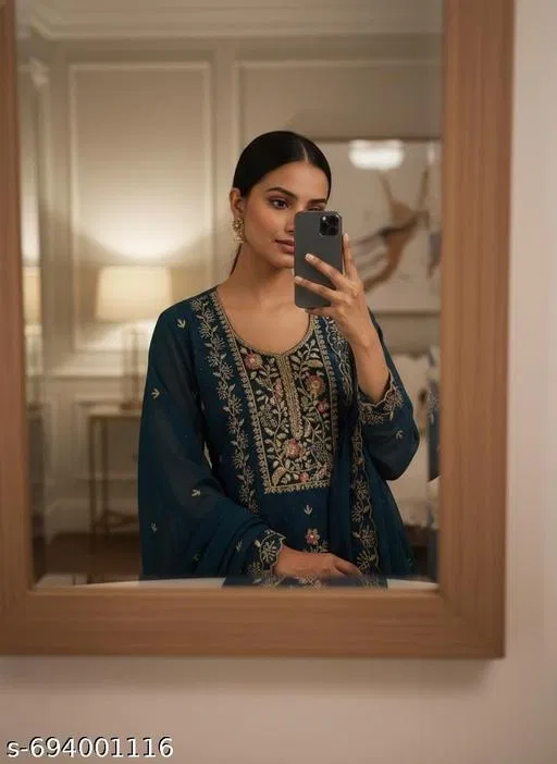 Embroidered Anarkali Suit for Women (Teal, Un Stitched)