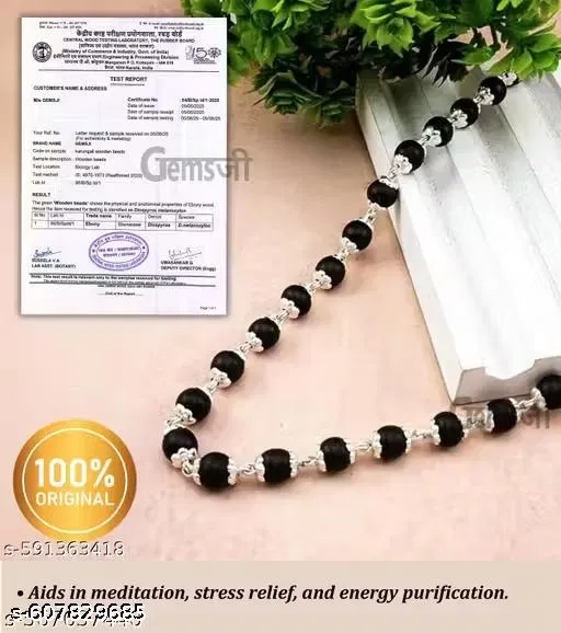 Original Karaungali Malai with German Silver Cap for Meditation for Men (Black)