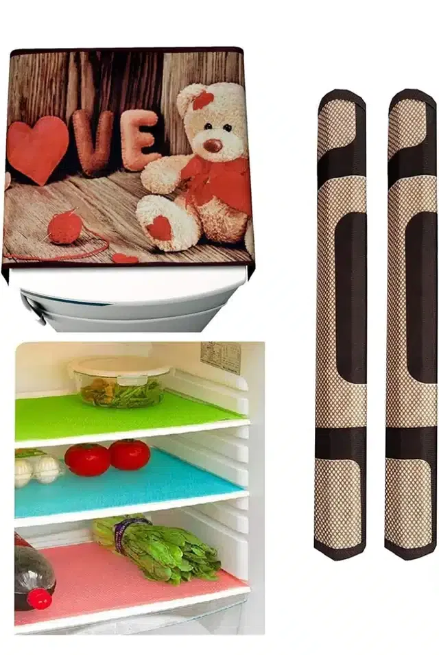 Knit Printed Fridge 3 Pcs Mat with 2 Pcs Handle & Top Cover (Multicolor, Set of 1)