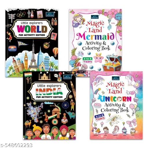 Little Explorers INDIA & WORLD Activity Editions with Stickers, Magic Land Unicorn & Mermaid Activity & Coloring Books, Set of 4