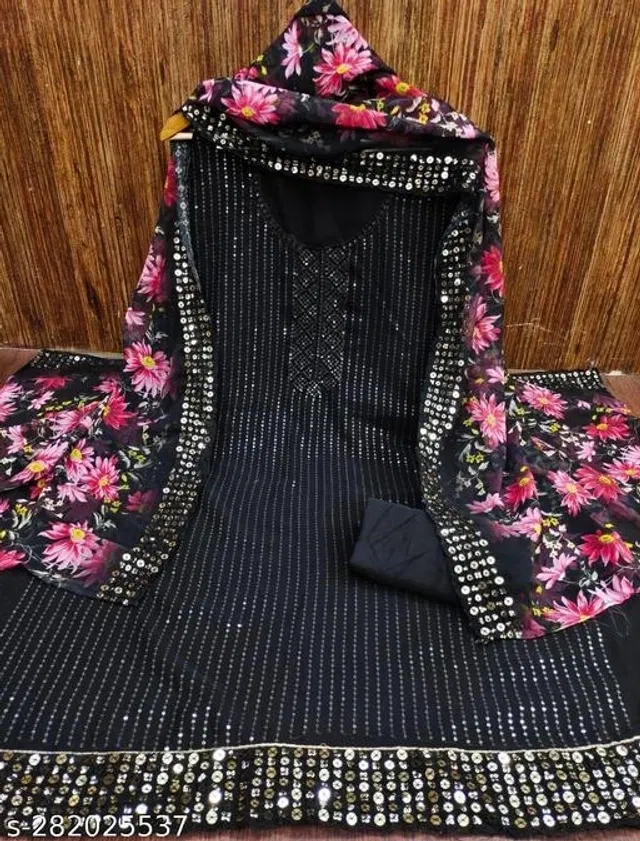 Embroidered Unstitched Suit for Women (Black & Pink, 2.25 m)