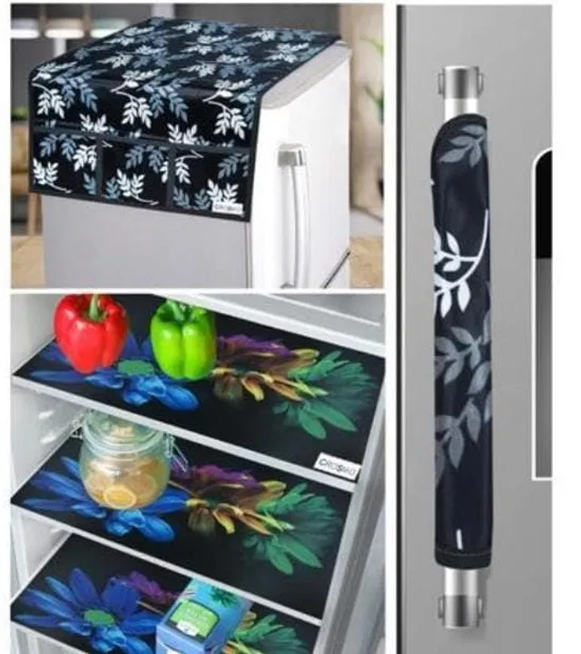 PVC Printed Fridge Top Cover with 3 Pcs Shelf Mats & Handle Cover (Multicolor, Set of 1)