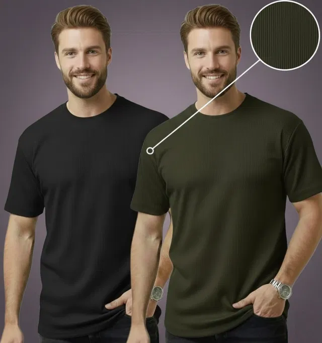 Polyester Round Neck T-shirt for Men, Multicolour, Pack of 2 (L)
