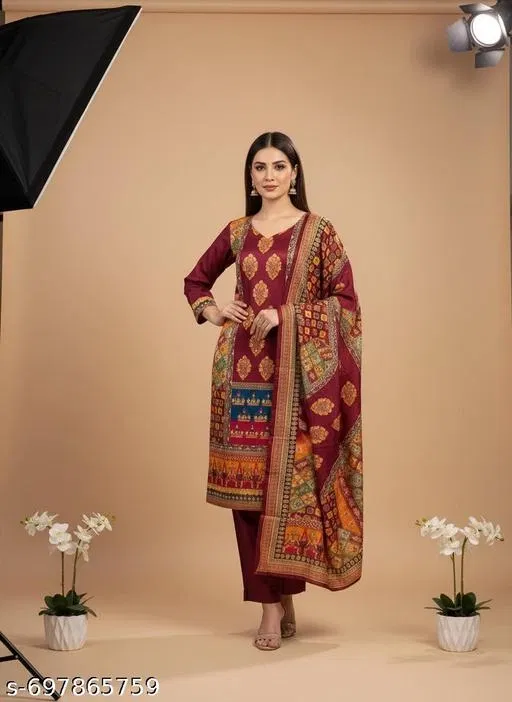 Bandhani Printed Jaipuri Designs Embroidered Top Bottom Duppata for Women (Maroon, Un Stitched)