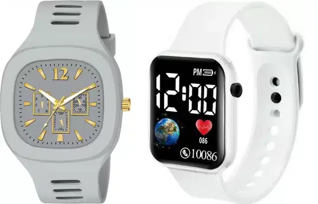 Analog with Smartwatch Combo for Men (Grey & White, Pack of 2)