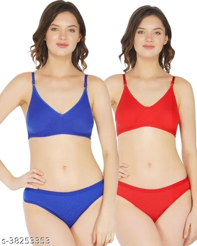Cotton Blend Solid Lingerie Set for Women (Multicolor, 32A) (Pack of 2)