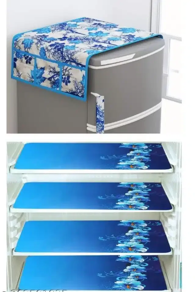 Knit Printed Fridge 4 Pcs Mat with Top Cover (Blue, Set of 1)