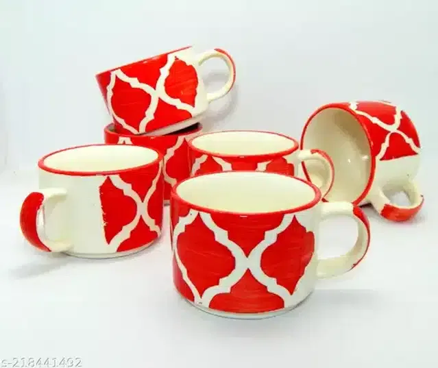 Ceramic Cup Set (Red, 120 ml) (Pack of 6)