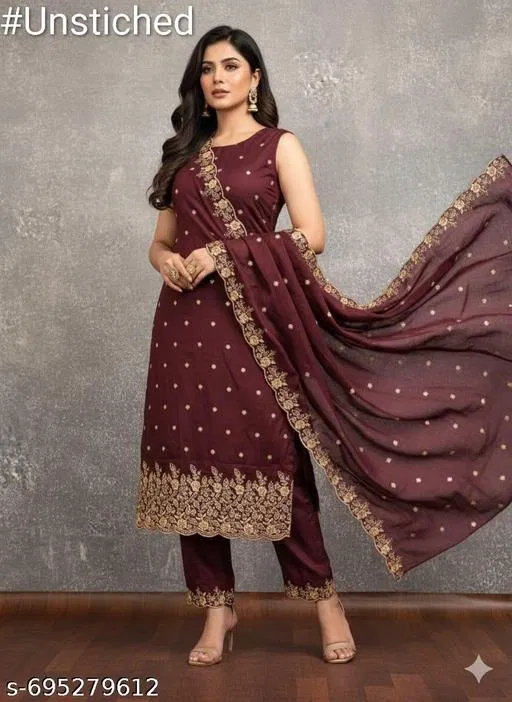 Vichitra Silk Punjabi/All Over Suits for Women (Red, 5.85 meter (S)) (Multicolor, 6.45 meter (XL)