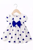 Heart Shape Print Cotton Frocks for Girls, White & Blue 
