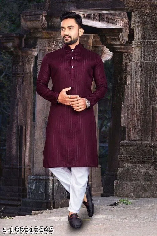 Mandarin Neck Kurta for Men (Maroon, XL)
