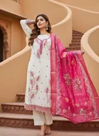 Cotton Silk Embellished Unstitched Suits Fabric for Women, White & Pink