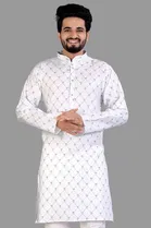Cotton Blend Printed Kurta for Men (White, M)