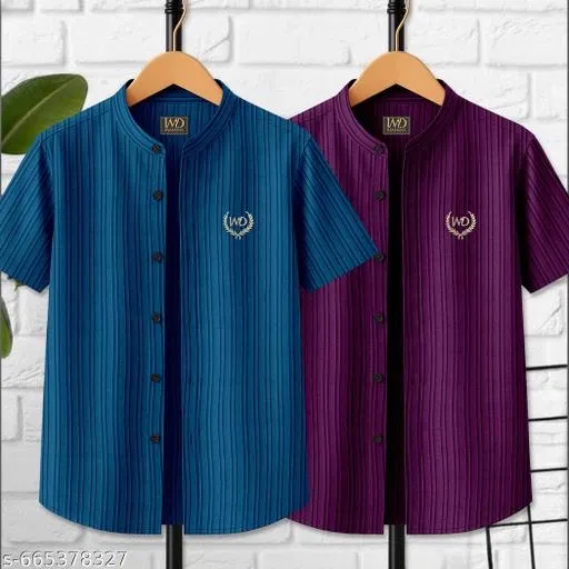 Striped Cotton Blend Mandarin T-Shirt for Boys (Blue, 8-9 Years)