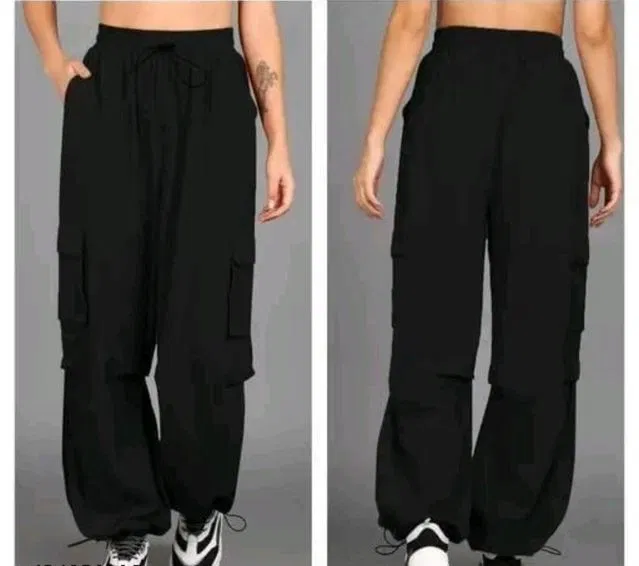 Cotton Blend Solid Cargo Pant for Women (Black, 30)