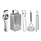 Oc9 Stainless Steel Lemon Squeezer & 4 in 1 Grater Or Slicer & Utility Pakkad & Potato Masher & Roti Chimta Kitchen Tool Set 