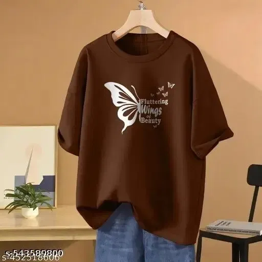 Round Neck Printed T-Shirt for Women (Brown, XXL)