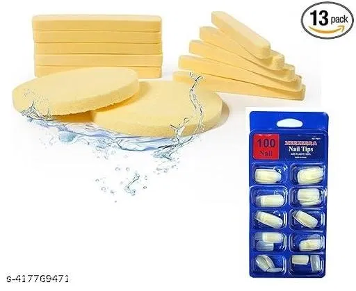 Combo of 12 Pcs Compressed Makeup Removal Sponges & 100 Pcs Artificial Nails (Set of 2)