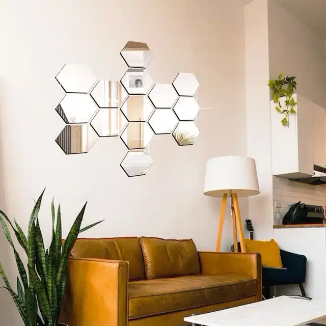Acrylic Hexagon Shaped Wall Mirror Stickers (Silver, Pack of 15)