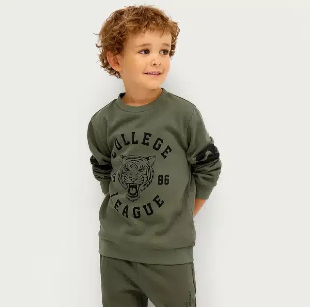 Cotton Blend Printed Sweatshirt for Kids (Olive, 3-4 Years)