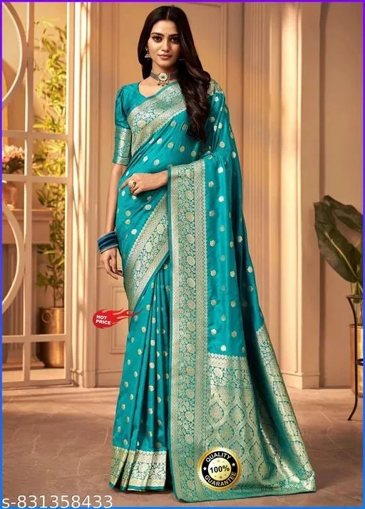 Kanjeevaram Saree with Zari Woven for Women (Blue, Free Size)