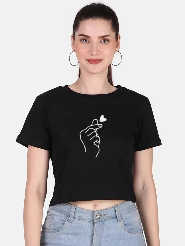 Cotton Blend Printed Top for Women (Black, XL)