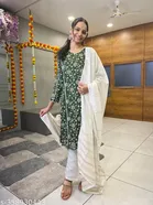 Chanderi Silk Embroidered Kurti with Pant & Dupatta for Women (Bottle Green & White, XS)