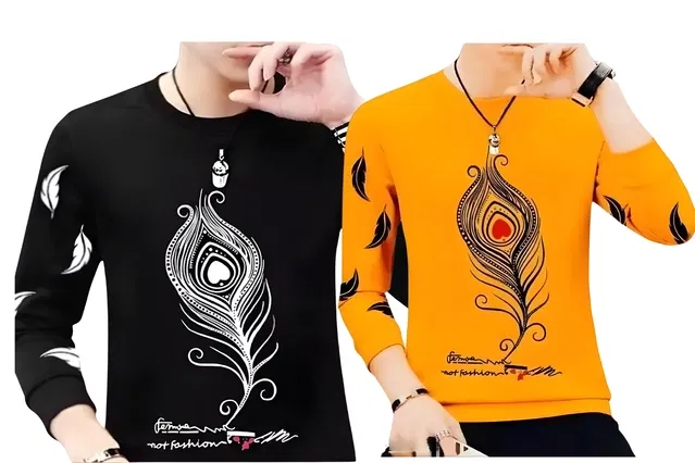 Round Neck Printed T-Shirt for Men (Black & Mustard, S) (Pack of 2)