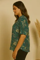 Women's Tropical Floral Print Mandarin Collar Top, L 