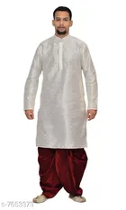 Dupion Silk Solid Kurta with Dhoti for Men (White & Maroon, S)