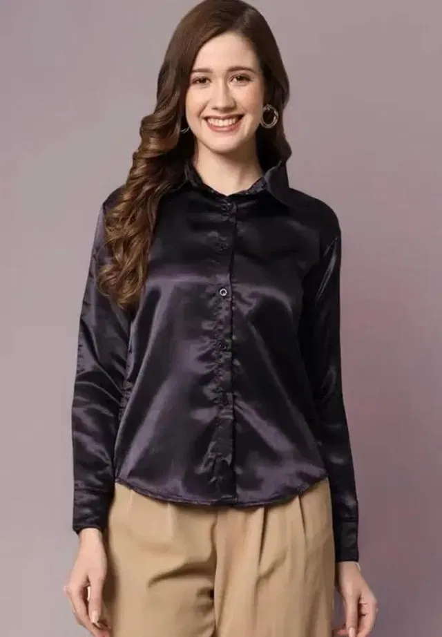 Satin Solid Shirt for Women, Black (M)