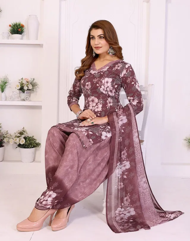 Crepe Floral Punjabi Suits for Women (Purple, Purple)