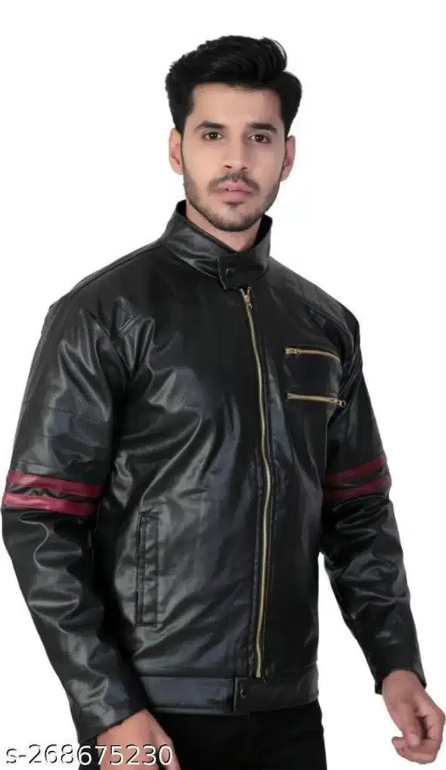 Synthetic Leather Full Sleeves Solid Jacket for Men (Black, XXL)