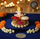 Metal Decorative Ganpati Haldi Kumkum Stand with 2 Roli Chawal Holder, Multicolor
