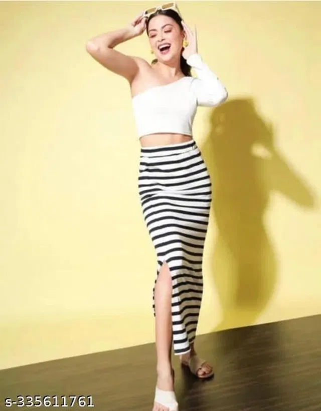 Cotton Blend Skirt for Women (Black & White, 28)