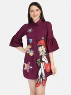 Crepe Printed Dress for Women (Wine, M)