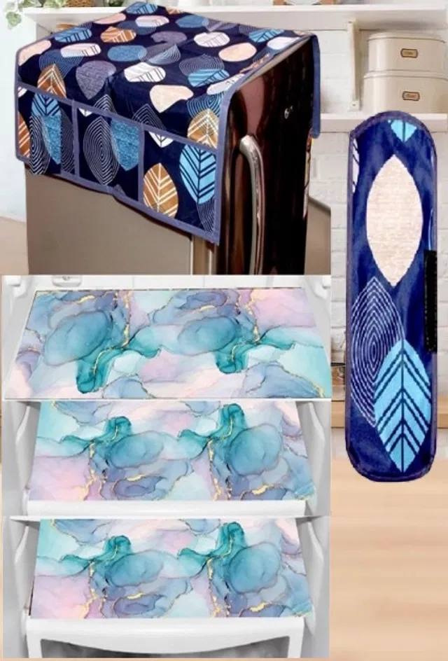 PVC Printed Fridge Top Cover with 3 Pcs Shelf Mats & Handle Cover (Multicolor, Set of 1)