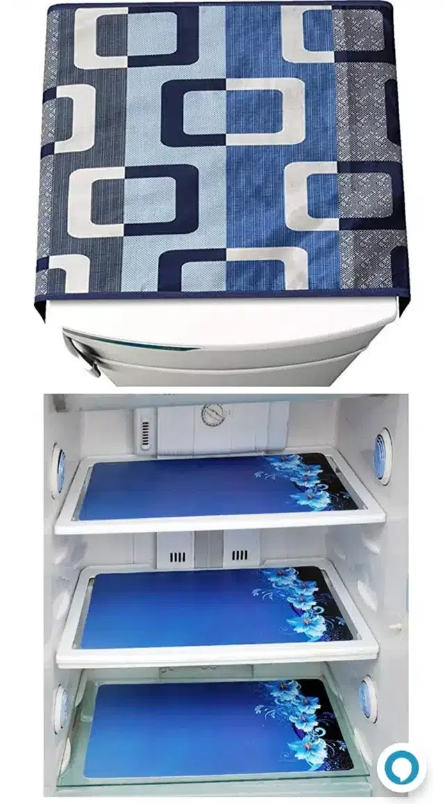 Knit Printed Fridge 3 Pcs Mat with Top Cover (Blue, Set of 1)